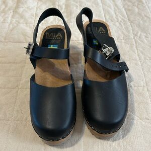 MIA Abba Clog Leather Heel Sandal 39 Made In Sweden Black Size 8.5